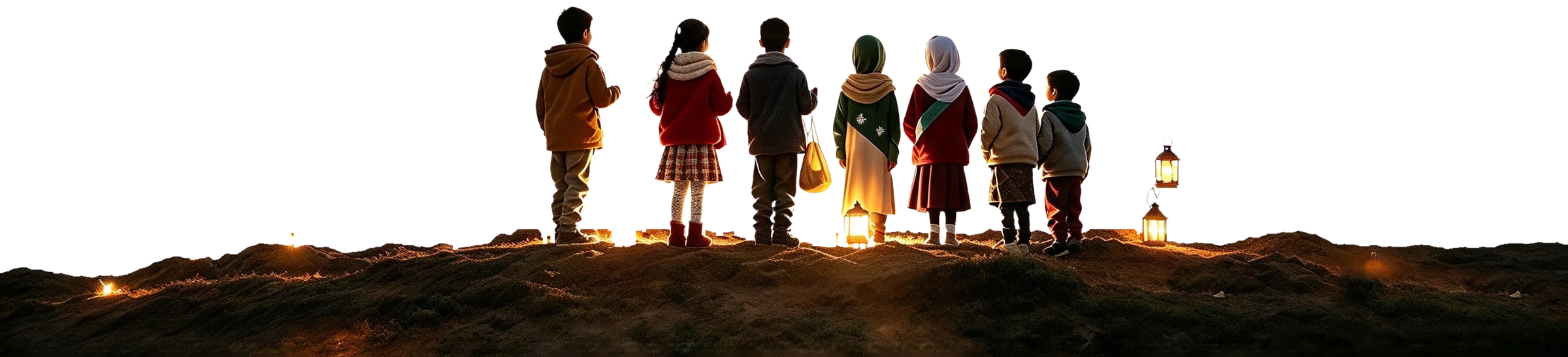Children with lanterns standing together on a hilltop at dawn
