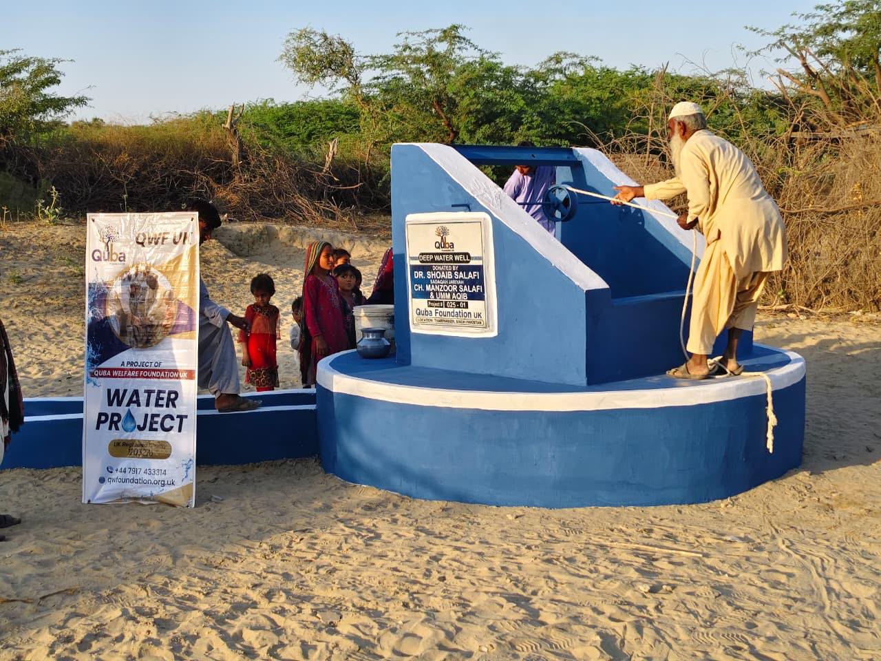 A completed community well, built between two villages, providing essential water for drinking, cooking and livestock.